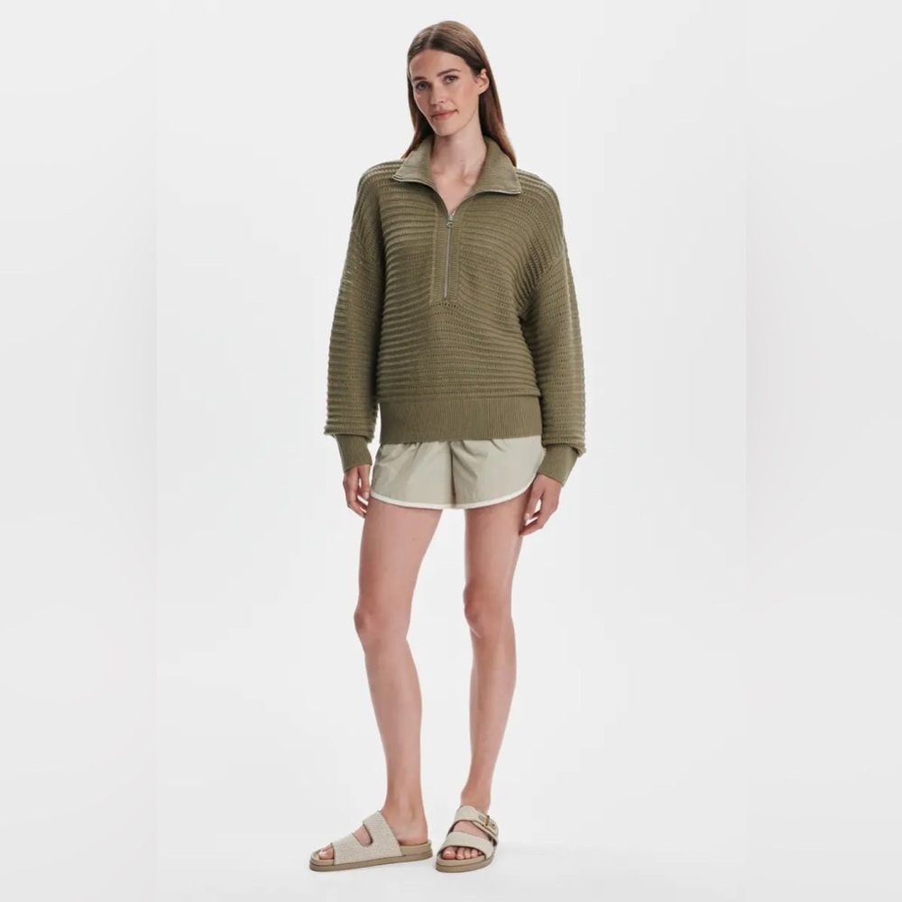 new Varley Tara pointelle half zip sweater in dusky green sage